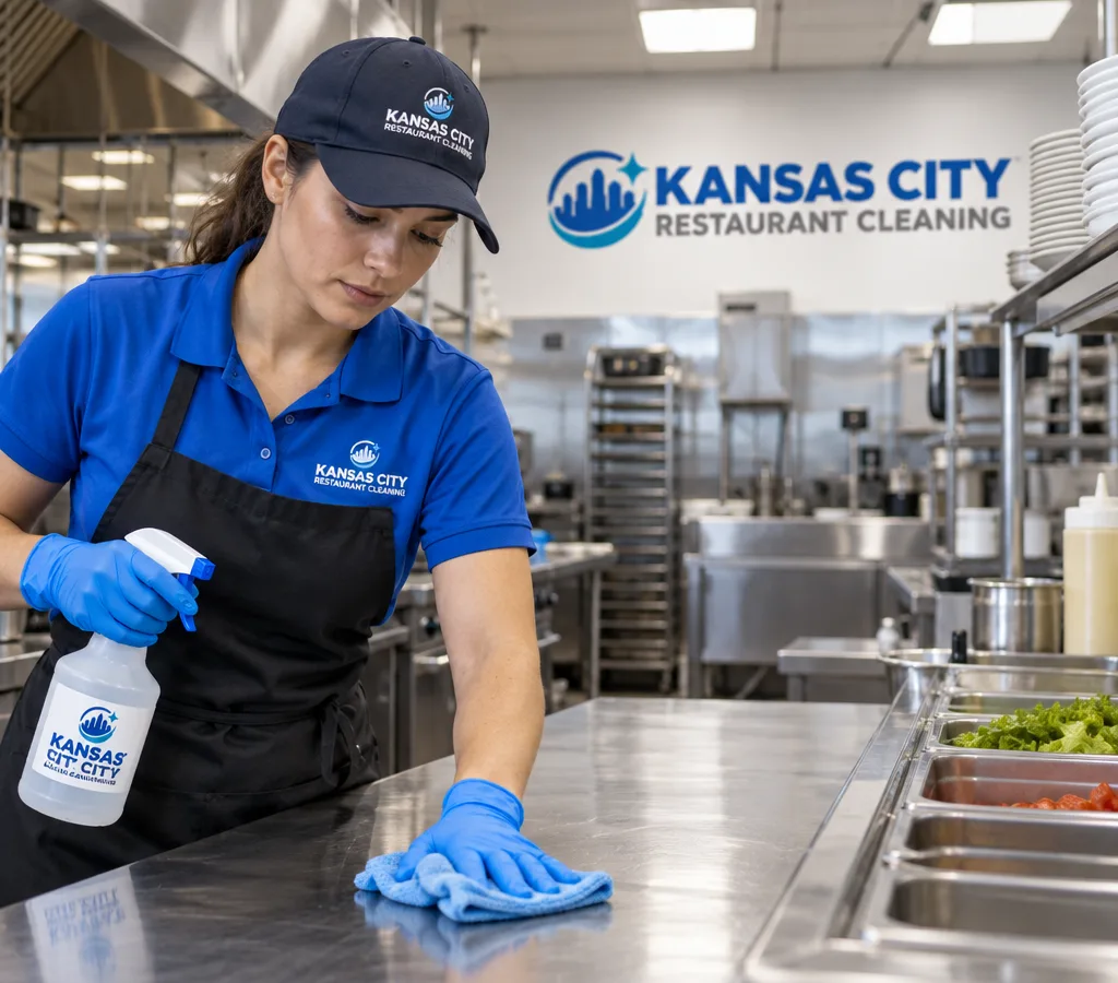Professional cleaner sanitizing a restaurant prep line and stainless steel surfaces in a commercial kitchen