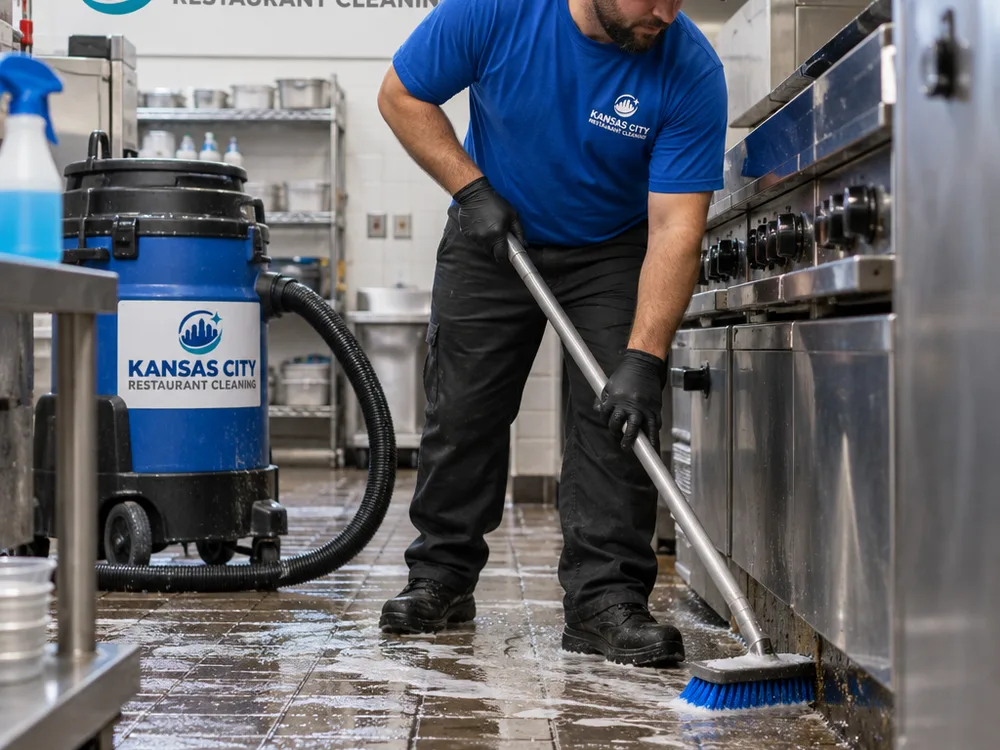 Cleaner scrubbing and degreasing a commercial kitchen floor along baseboards