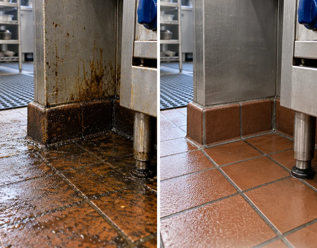 Before and after view of grease buildup removed from a commercial kitchen floor corner and cove base