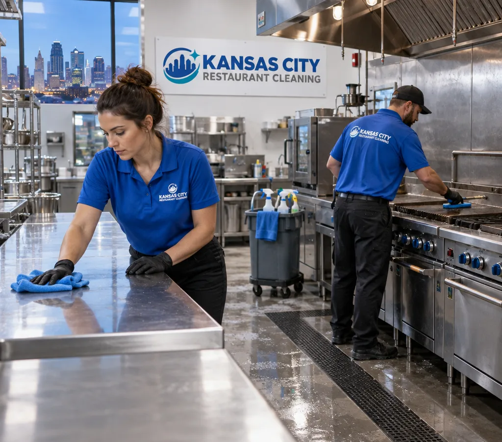 Technicians deep cleaning stainless surfaces and a cook line in a commercial restaurant kitchen