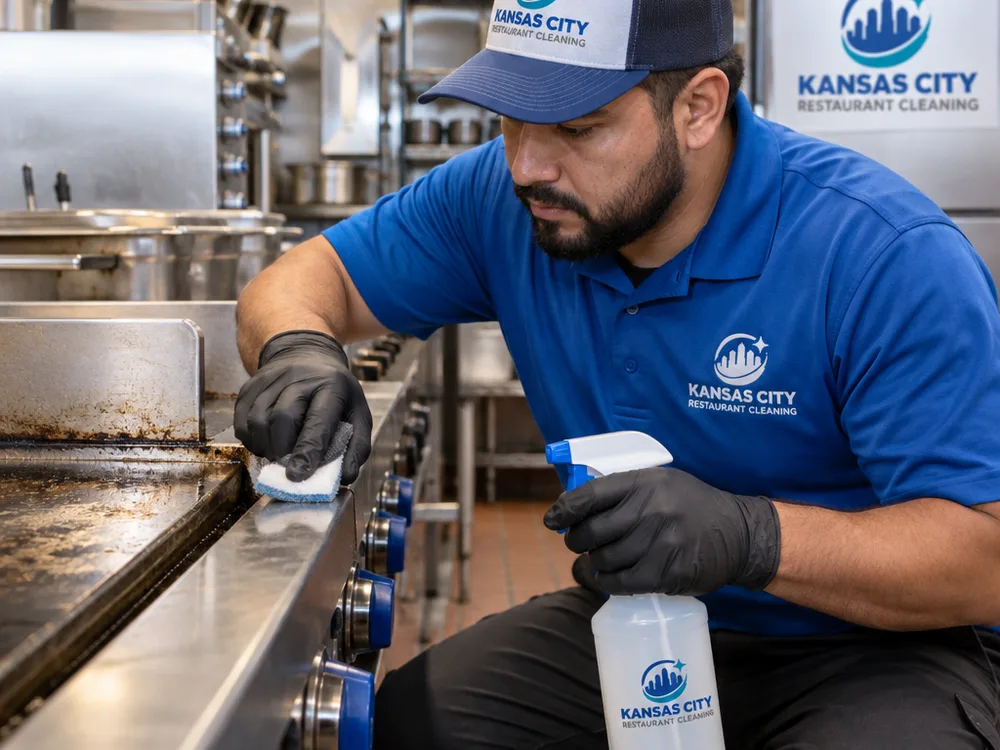Technician detailing greasy seams and edges on stainless cook-line equipment