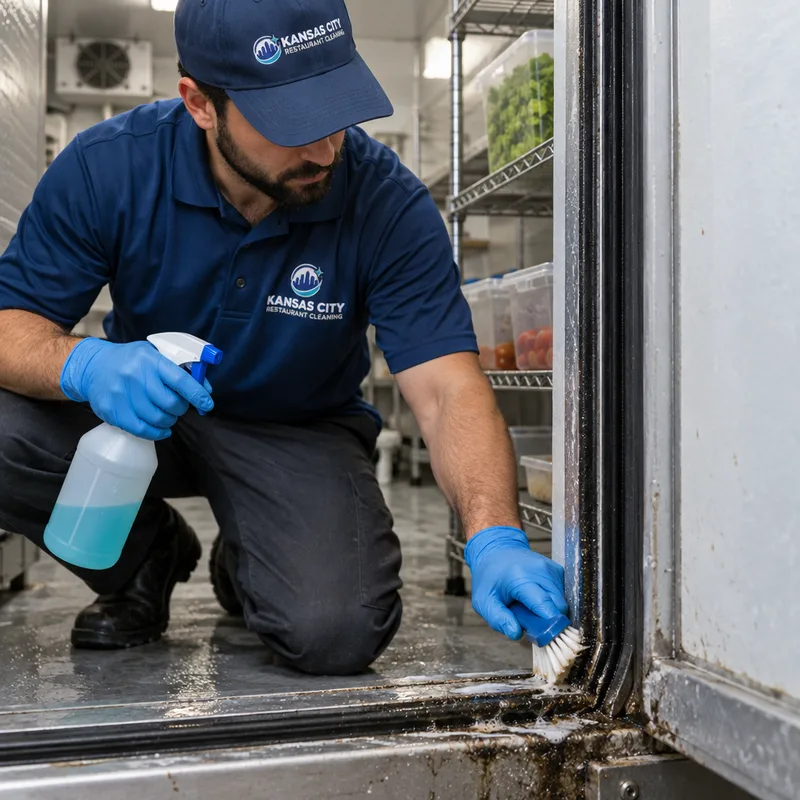 Technician cleaning a restaurant walk-in cooler floor, corners, and door gasket with food-safe cleaner