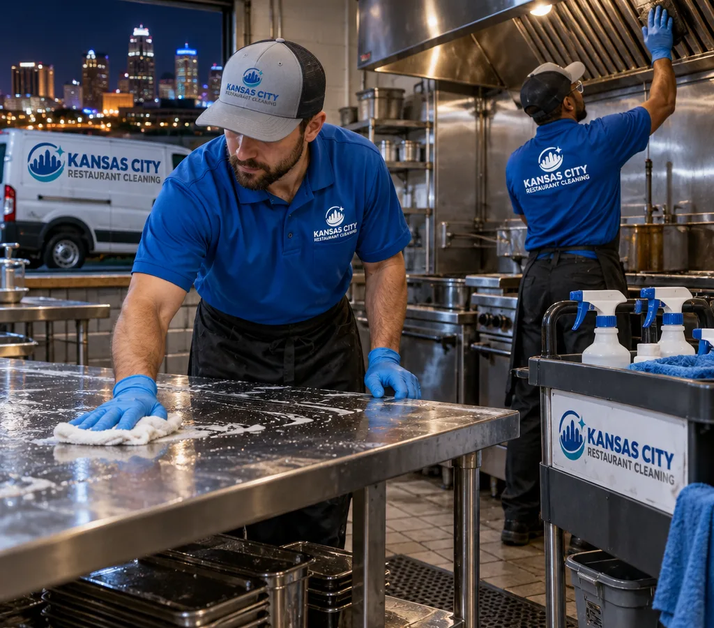 Technicians deep cleaning stainless prep tables and a vent hood area in a Kansas City restaurant kitchen