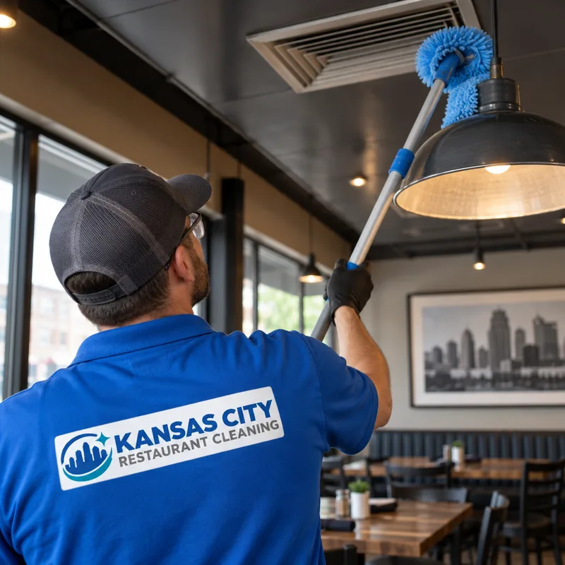 Cleaner using an extension pole and microfiber duster on a restaurant supply vent and pendant light
