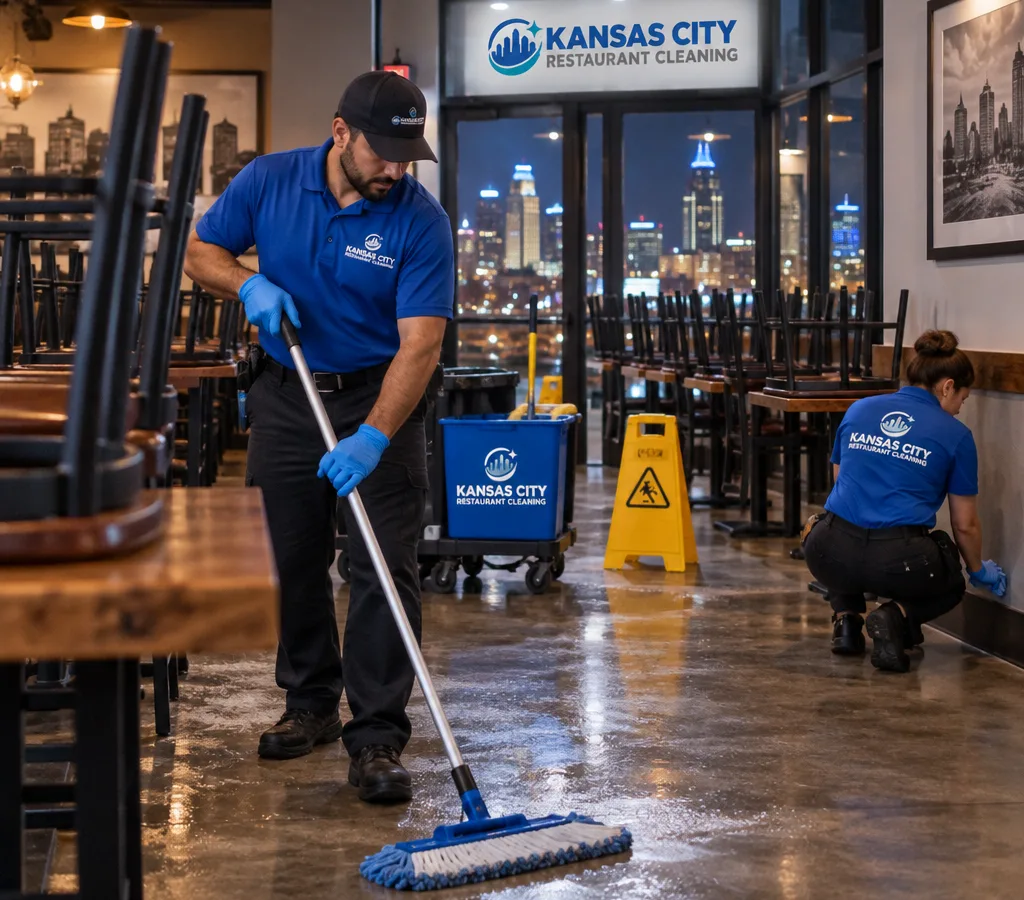 After-hours professional cleaners mopping and detailing a Kansas City restaurant dining room with chairs up, floor signage, and attention to tables, baseboards, and entry glass