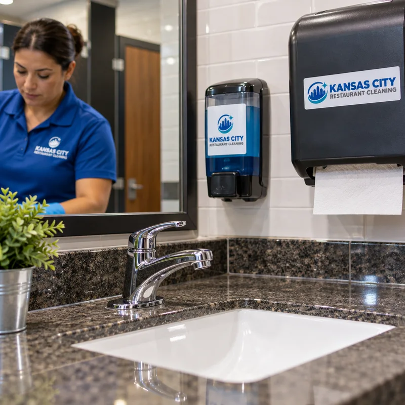 Clean restaurant restroom sink, faucet, counter, and streak-free mirror with stocked soap and paper towel dispensers