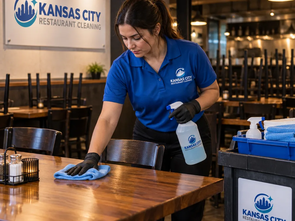 Cleaner methodically wiping restaurant tables and high-touch points after hours with labeled bottles and microfiber towels