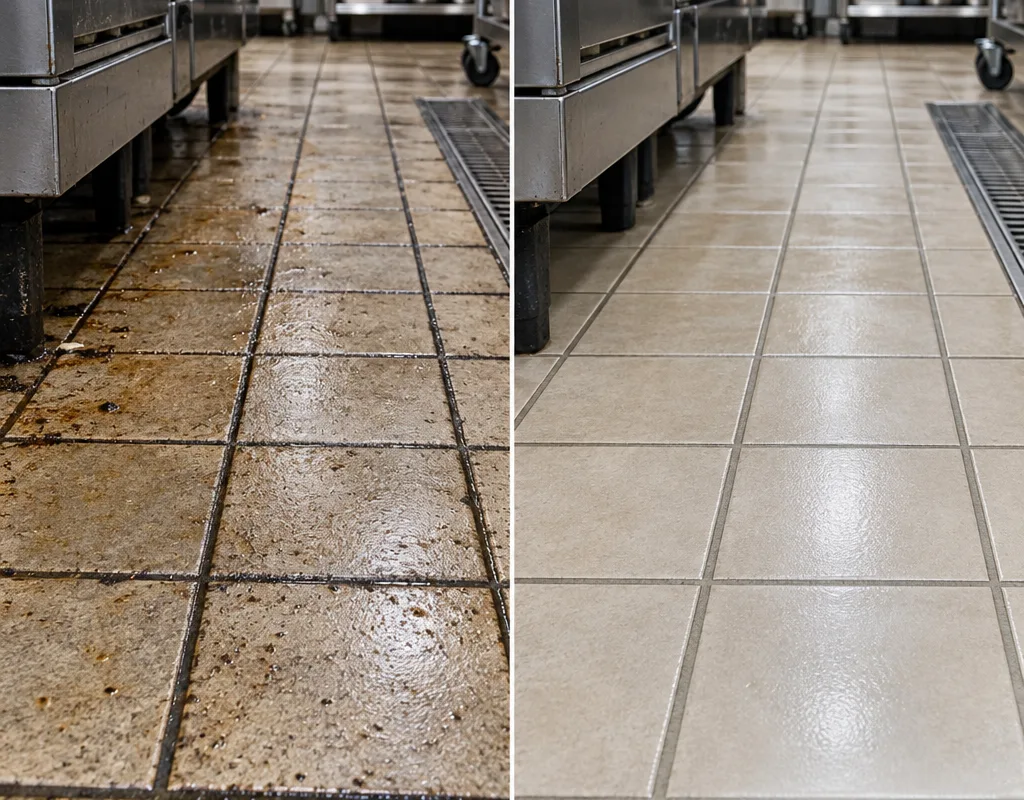 Before and after view showing dark greasy grout and dull tile restored through degreasing and extraction