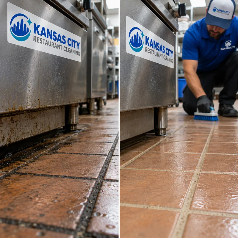 Cleaned grout lines and tile edges along a commercial restaurant cookline walkway