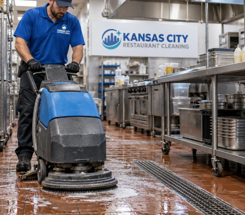 Technician using a commercial floor scrubber on a greasy restaurant kitchen tile floor with stainless prep tables and floor drains visible