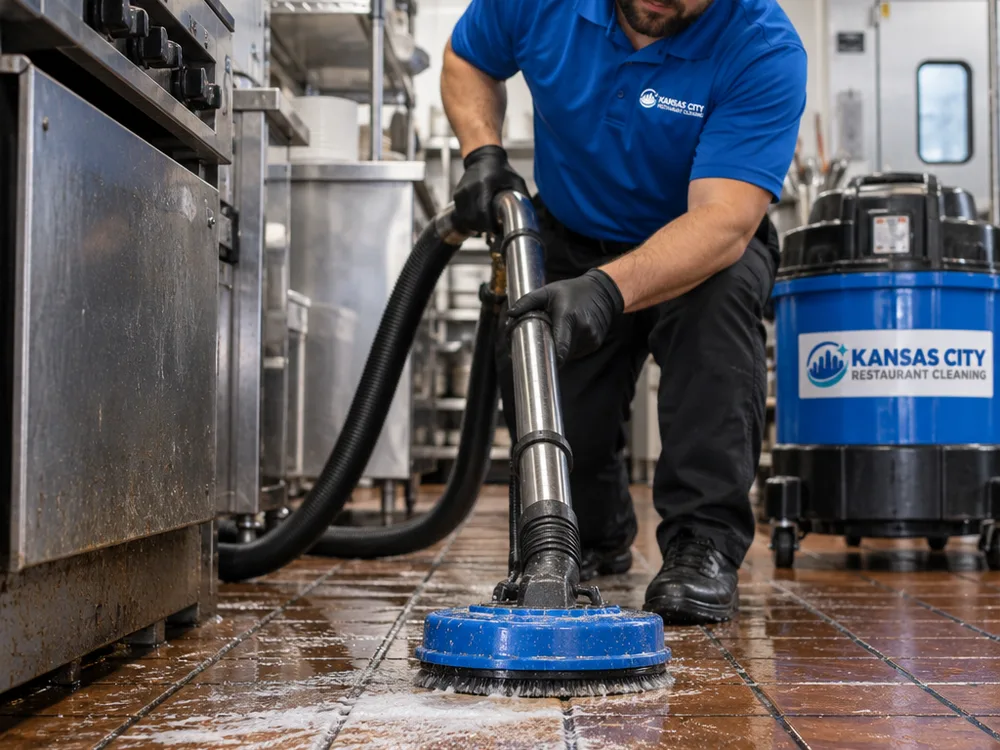 Rotary scrubber cleaning restaurant tile and grout while emulsified grease is recovered by a wet vacuum