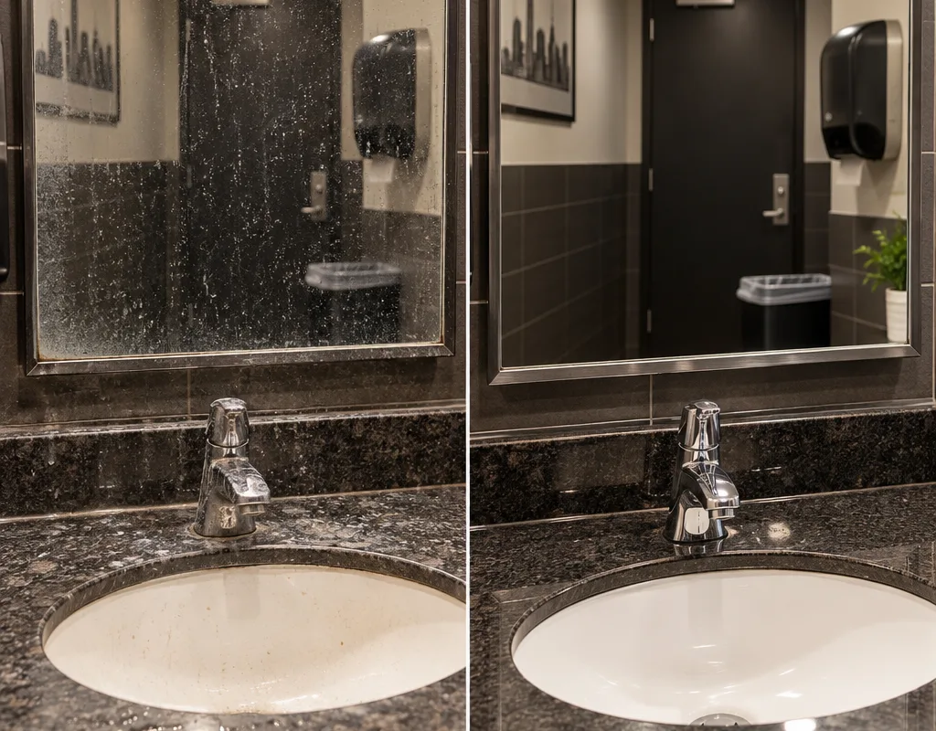 Before and after view of a restaurant restroom mirror, polished faucet, and cleaned sink counter
