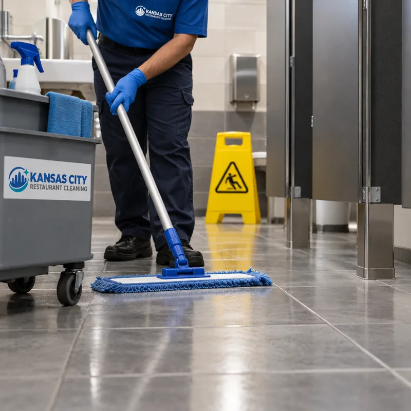 Clean commercial restroom floor with detailed partition edges and a dry non-streak finish