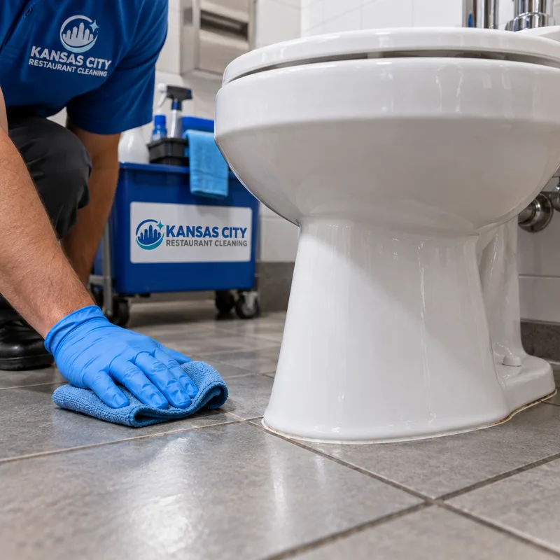 Clean commercial toilet base and surrounding floor line with detailed grout and no residue