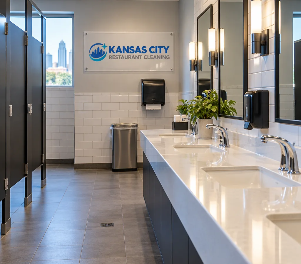 Spotless restaurant restroom with clean fixtures, dry floors, stocked dispensers, and polished sinks and mirrors