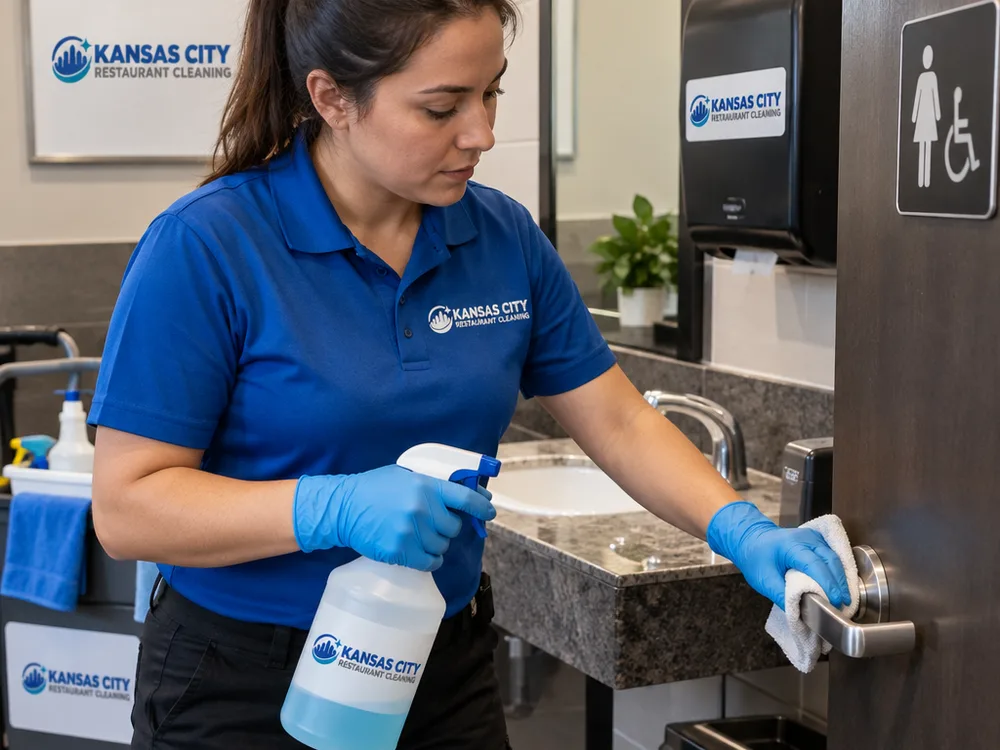 Gloved cleaner disinfecting commercial restroom handles, faucets, and dispensers with labeled supplies nearby