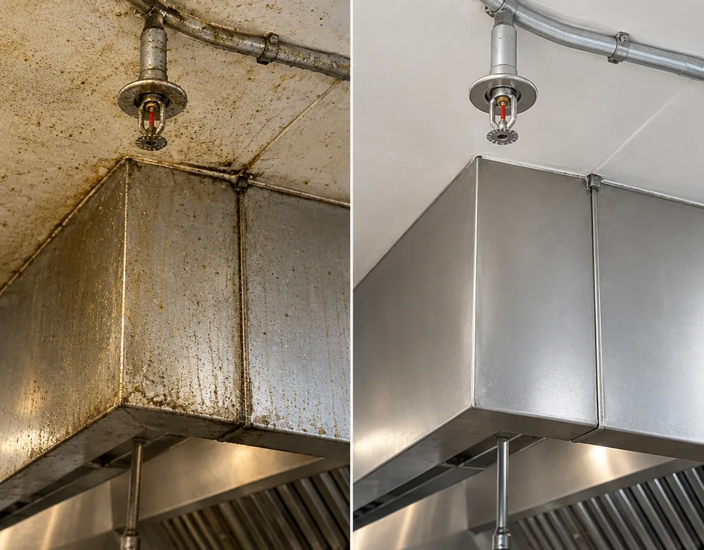 Before and after view of greasy dust removed from conduit and a sprinkler head in a restaurant kitchen ceiling corner