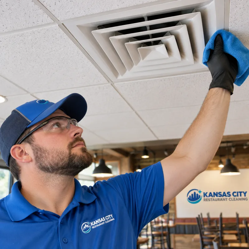 Cleaned HVAC diffuser and surrounding ceiling tile in a restaurant dining area