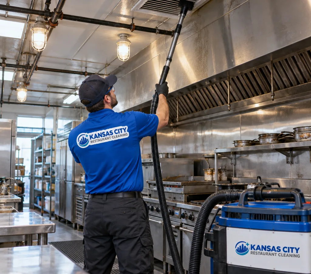 Technician high dusting a restaurant kitchen ceiling near diffusers, lights, and exposed piping with an extension pole and HEPA-filter vacuum