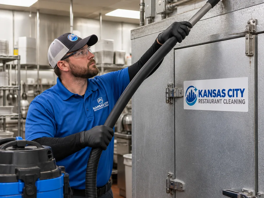 Technician using a HEPA-filter vacuum with a long brush attachment above a walk-in cooler and ceiling conduit
