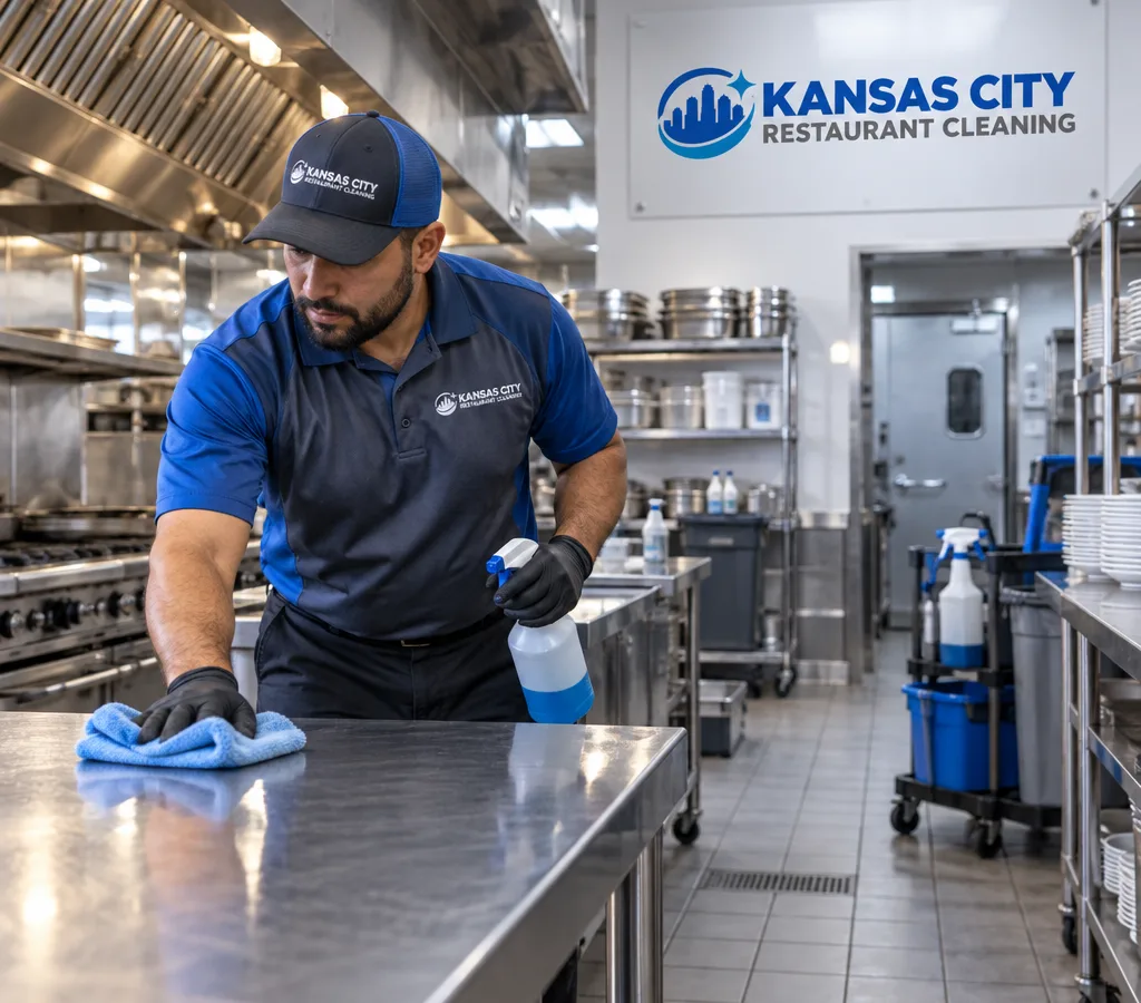 Technician wiping a stainless prep table during after-hours commercial restaurant cleaning
