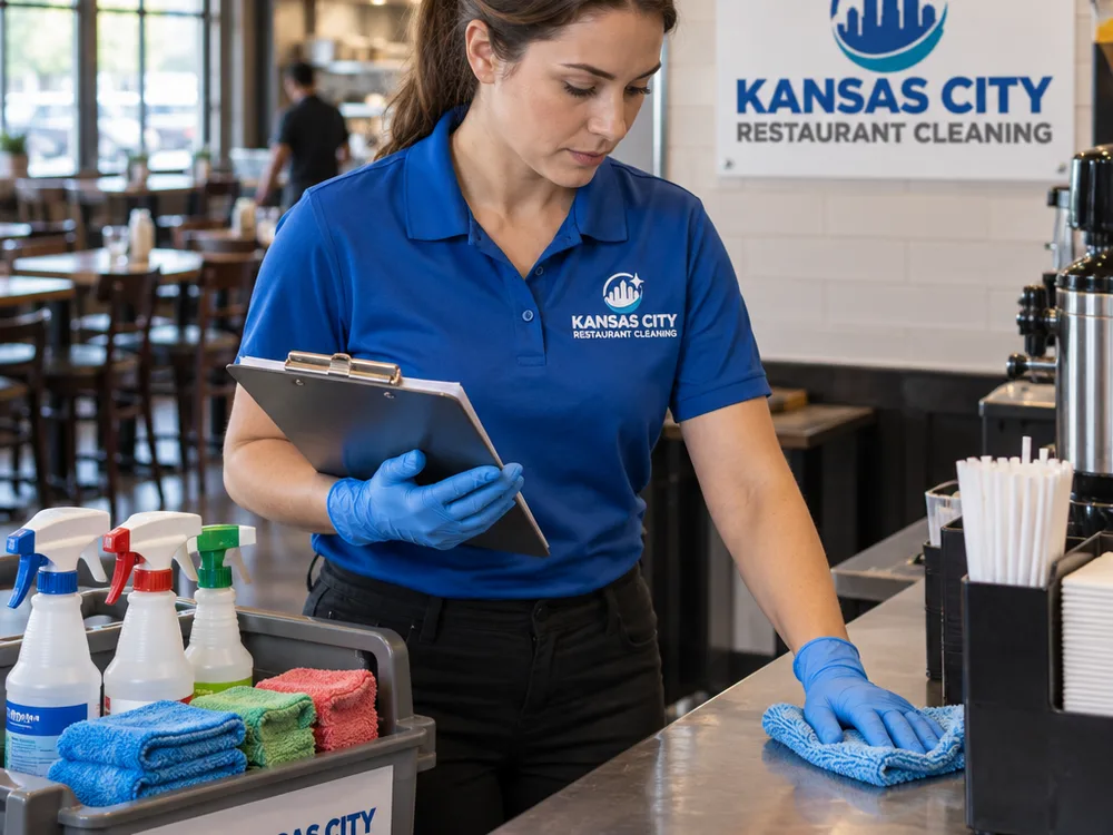 Cleaner following a checklist while sanitizing restaurant service-station touchpoints