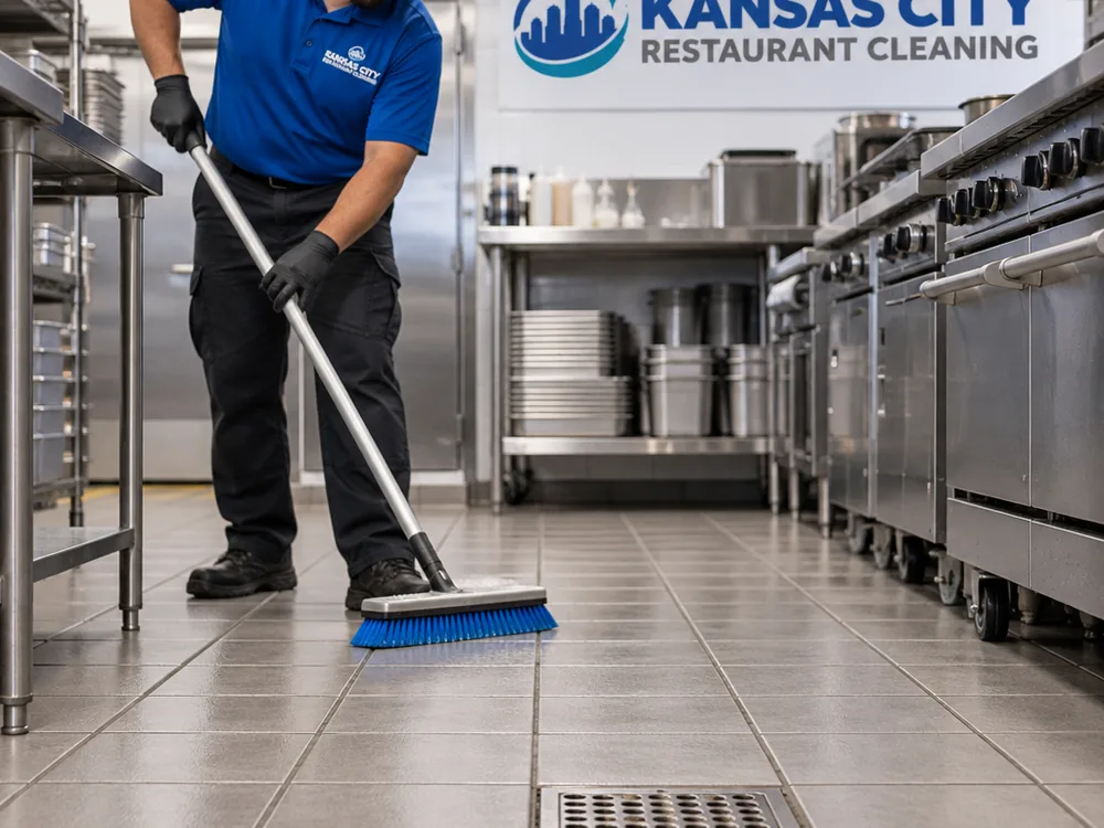 Clean commercial kitchen floor with detailed grout lines and a dry floor drain area