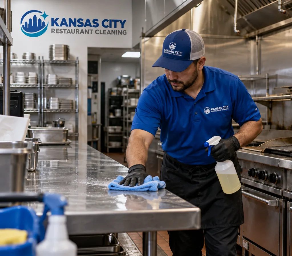 Technician cleaning stainless prep tables and degreasing a restaurant cook line after hours