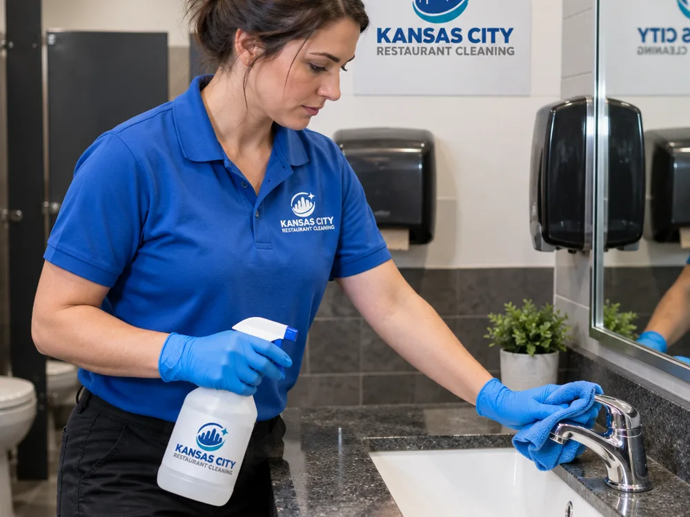 Gloved technician disinfecting sink fixtures and touchpoints in a commercial restaurant restroom