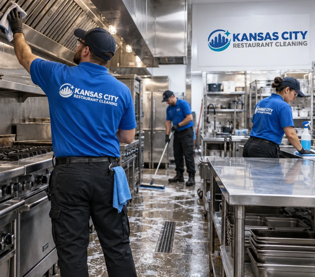 Commercial kitchen equipment being professionally cleaned and degreased after hours in Lee's Summit