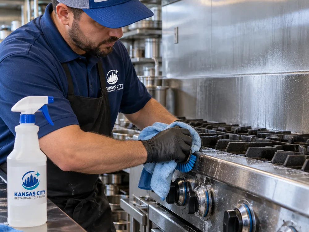 Technician detailing a commercial range and stainless backsplash with food-safe cleaners and brushes