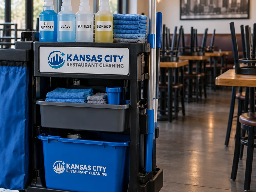 Organized restaurant janitorial supplies with labeled chemicals and microfiber cleaning system
